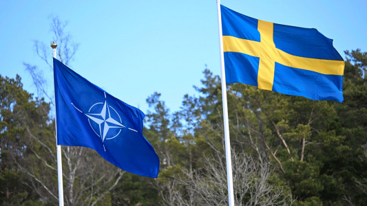 «Нет НАТО»: шведские активисты устроили акцию протеста во время поднятия флага альянса у здания парламента страны — но их проигнорировали